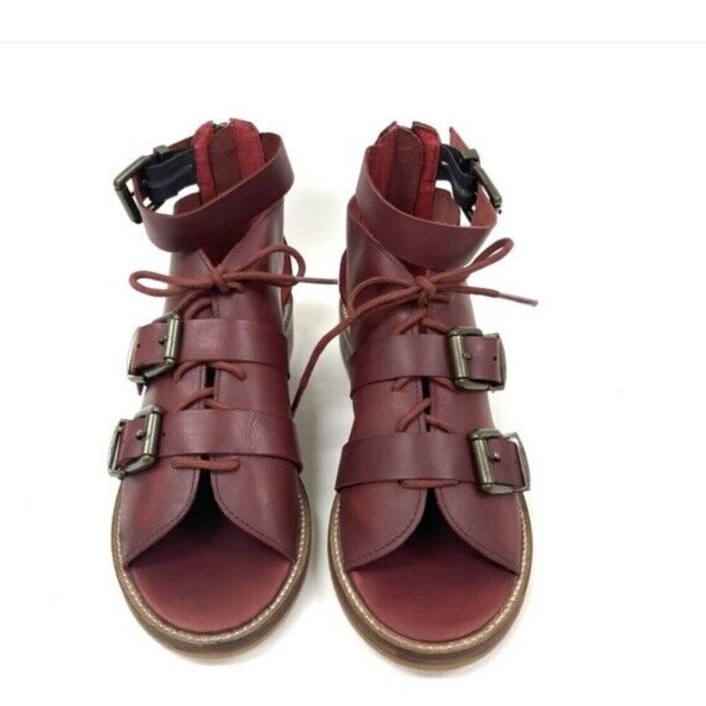 OOBASH Sunchaser Women Shoe Wine Block Heel Sandal Lace Up Back Zipper Leather - Picture 3 of 5